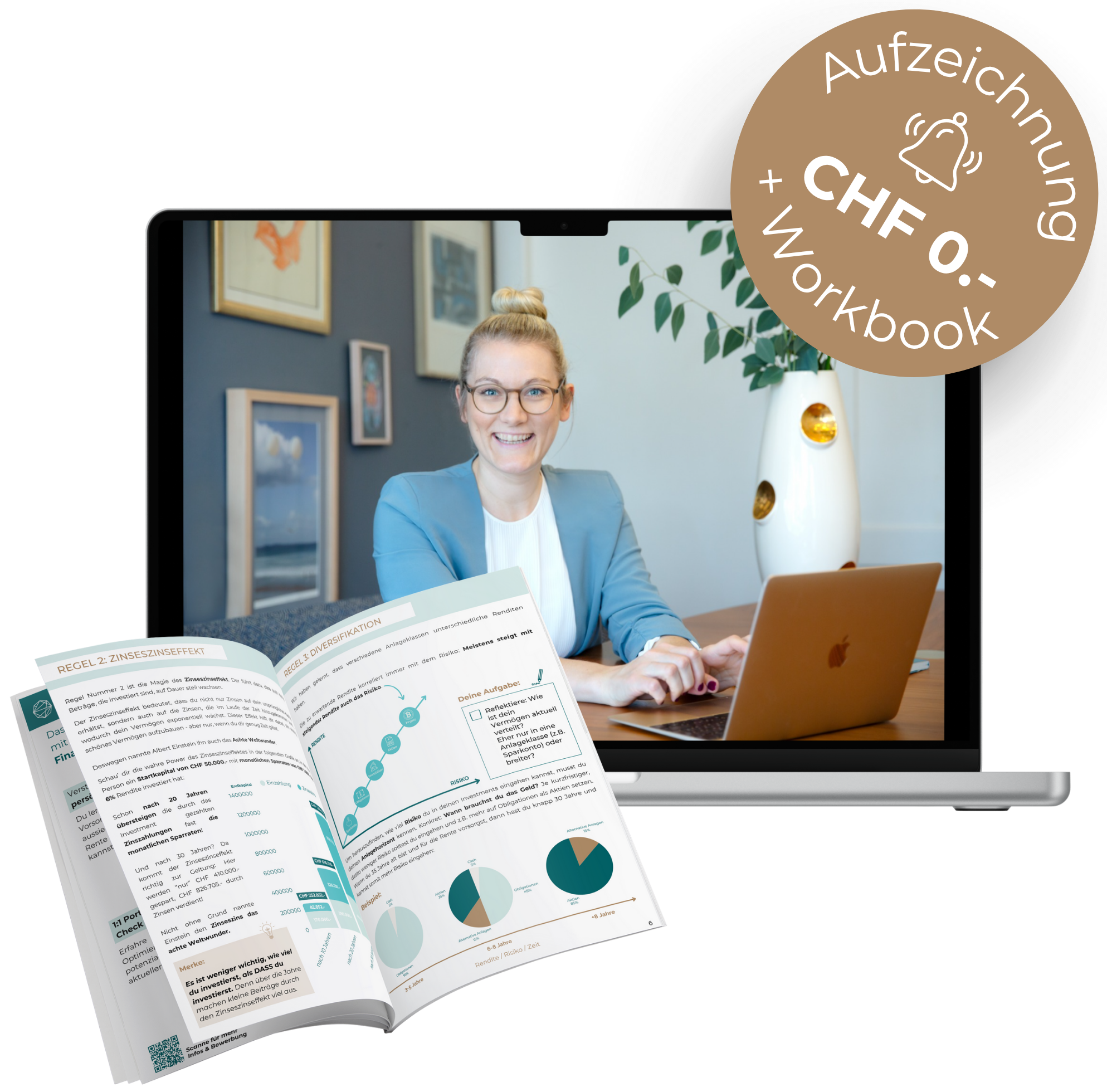 Finelles Finanzplan-Masterclass: Clara Creitz auf dem Laptop, daneben das Workbook, inklusive Aufzeichnung