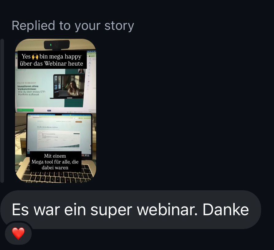 Teilnehmerinnen-Feedback zur Masterclass. Instagram-Story-Antwort: Es war ein super Webinar. Danke