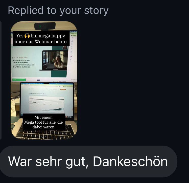 Teilnehmerinnen-Feedback zur Masterclass. Instagram-Story-Antwort: War sehr gut, Dankeschön