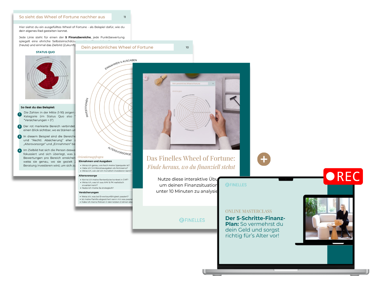 Wheel of Fortune Workbook und Masterclass-Aufzeichnung auf dem Laptop