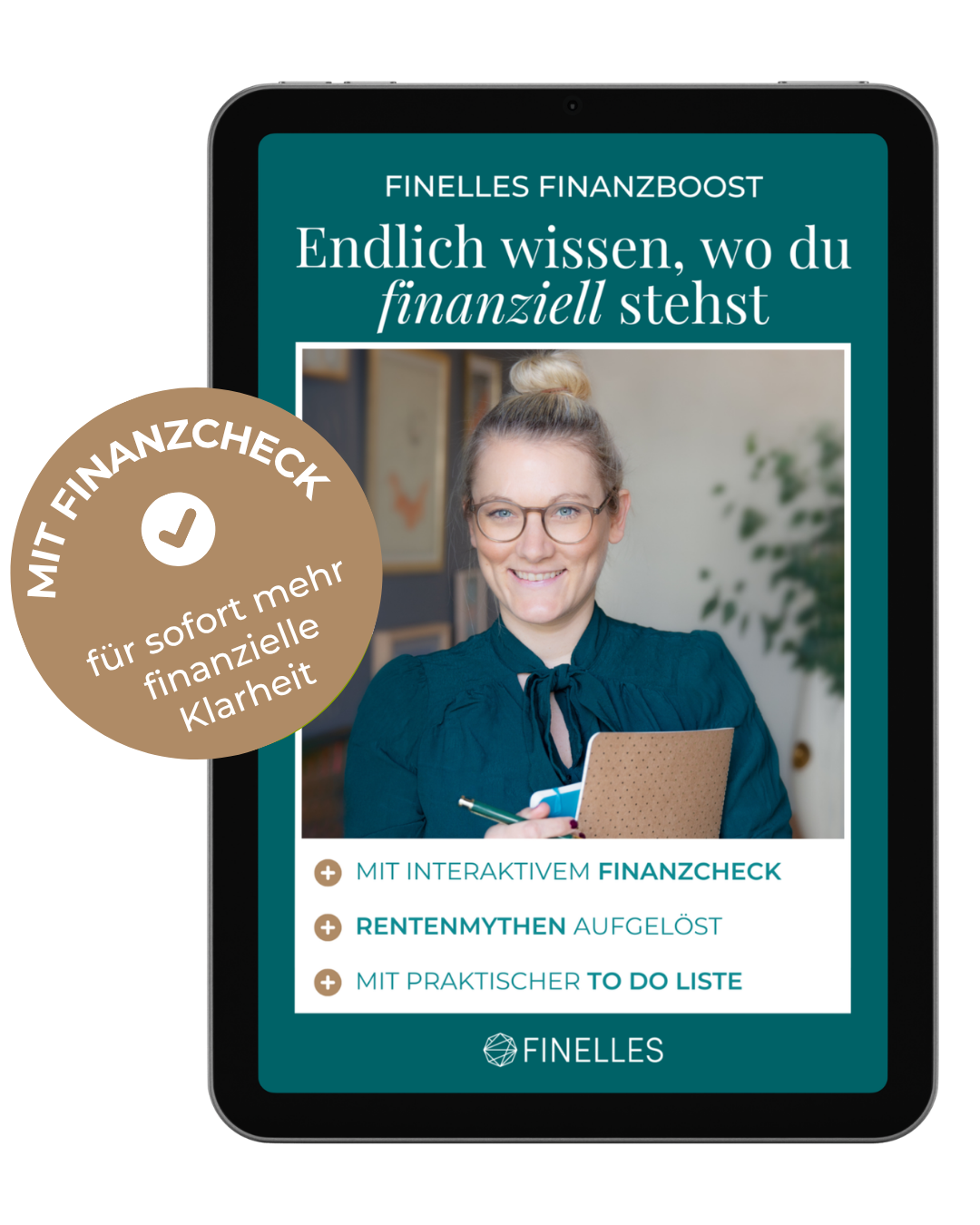Finelles Finanzboost E-Book auf dem Tablet, mit interaktivem Finanzcheck